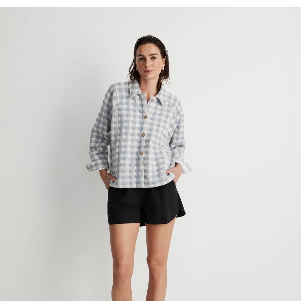 Madewell Large Gingham Quilted Crop Shirt Jacket Button Shacket Plaid Womens